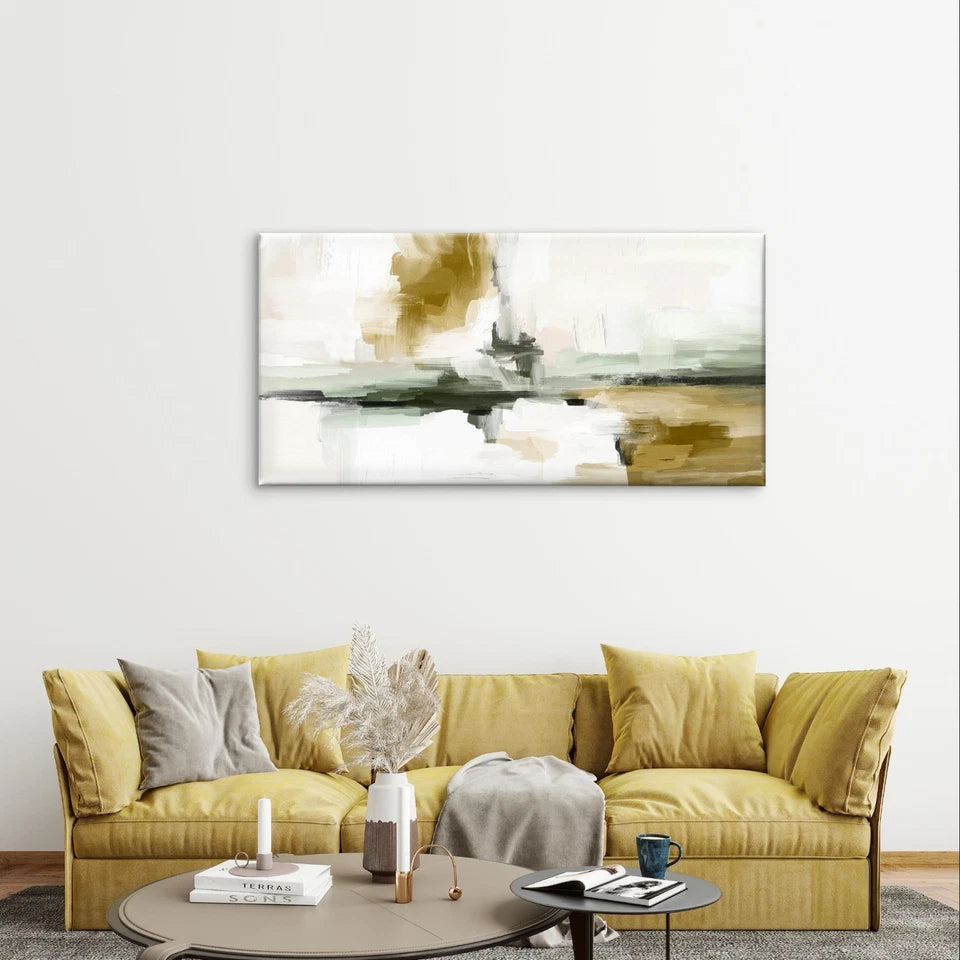 Modern Abstract Green & Yellow Paint Wall Art Canvas Office Home Framed 120x60cm