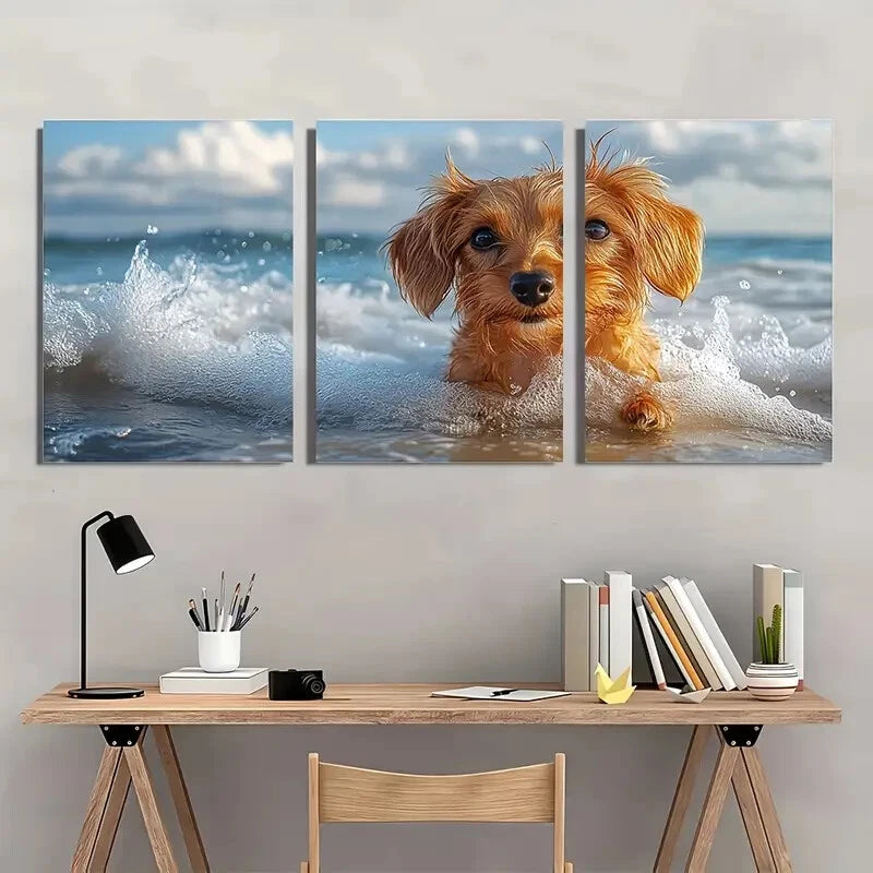 3pcs Dachshund Dog Ocean Waves Scene Metal Print Ready to Hang Art