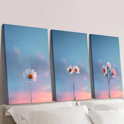 3pcs Simple Daisies and Fresh Blue Sky Wall Art Canvas Unframed - High Quality Print 100% Australian Made Wall Canvas