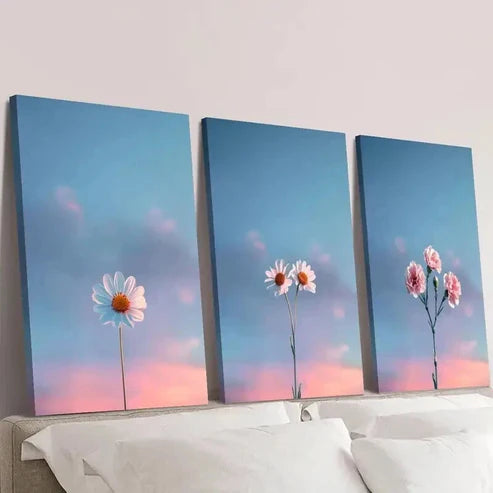 3pcs Simple Daisies and Fresh Blue Sky Wall Art Canvas Unframed - High Quality Print 100% Australian Made Wall Canvas