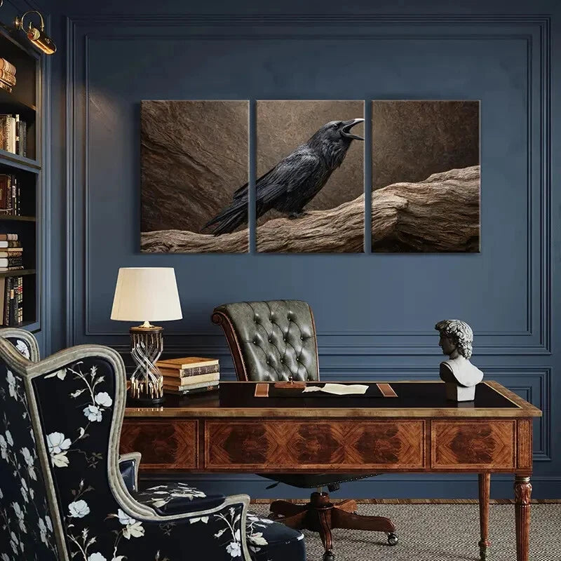 3pcs Black Crow Perched on Branch Natural Metal Print Ready to Hang Art