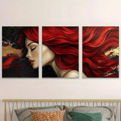 3pcs Dynamic Red Hair Art Glamorous Perfect Wall Art Set Canvas Framed 40x60cm - High Quality Print 100% Australian Made Wall Canvas Ready to Hang