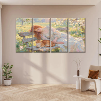 4pcs Woman and Cat Sleeping on Bench Wall Art Canvas Framed 45x80cm - High Quality Print 100% Australian Made Wall Canvas Ready to Hang