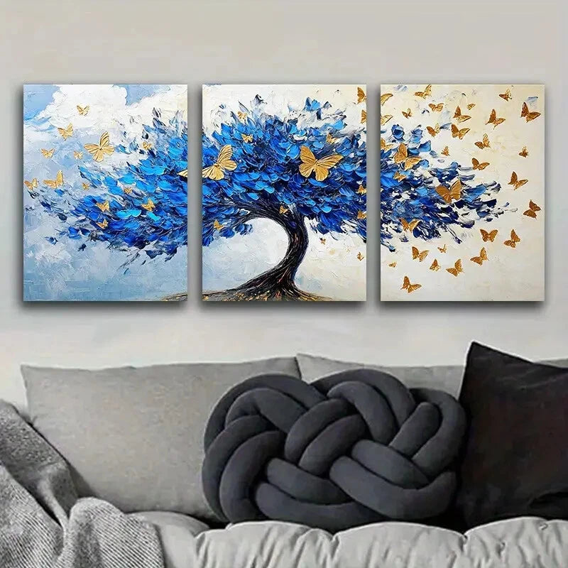 3pcs Abstract Blue Tree with Golden Leaves Metal Print Ready to Hang Art