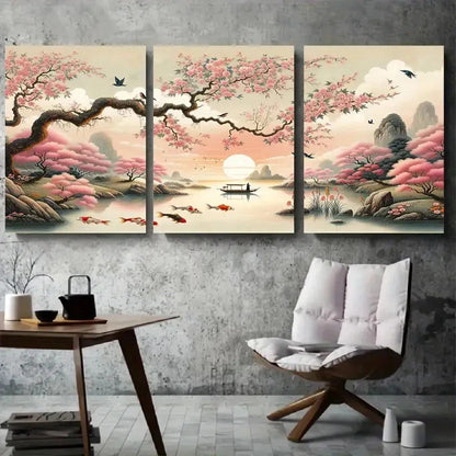 3pcs Cherry Blossom River Zen Koi Fish Wall Art Set Canvas Framed 60x90cm - High Quality Print 100% Australian Made Wall Canvas Ready to Hang