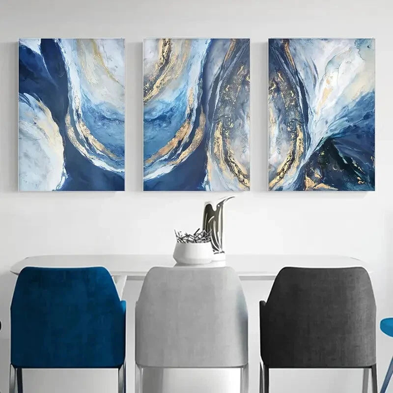 3pcs Blue Golden And White Paintings Metal Print Ready to Hang Art