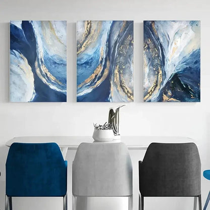 3pcs Blue Golden And White Paintings Metal Print Ready to Hang Art
