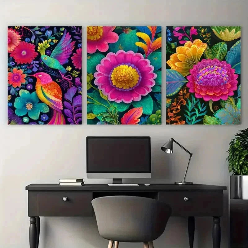 3pcs Asian Floral Nature Vibrant Perfect Wall Art Set Canvas Framed 40x60cm - High Quality Print 100% Australian Made Wall Canvas Ready to Hang