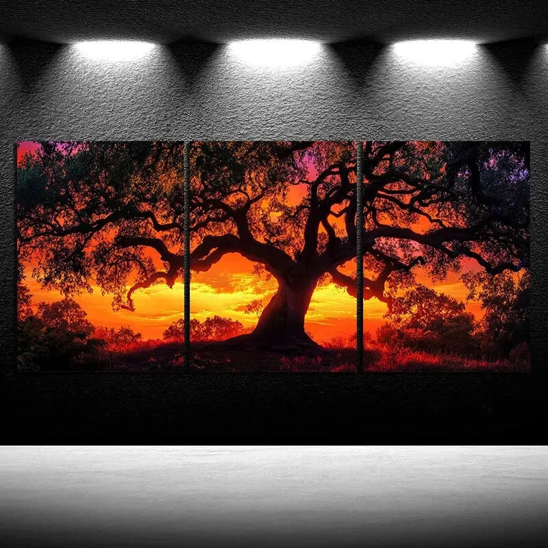 3pcs Sunset Tree Mural Orange Themed Metal Print Ready to Hang Art