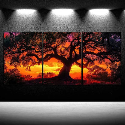 3pcs Sunset Tree Mural Orange Themed Metal Print Ready to Hang Art