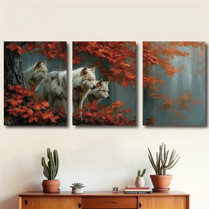 3pcs Vibrant Autumn Forest Red And Golden Leaves Metal Print Ready to Hang Art