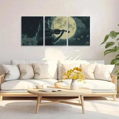 3pcs Wolf Playing Violin Under Full Moon Art Set Canvas Unframed - High Quality Print 100% Australian Made Wall Canvas