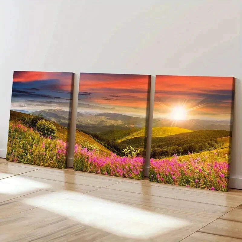 3pcs Mountain Wildflowers and Sunset  Wall Art Set Canvas Framed 40x60cm - High Quality Print 100% Australian Made Wall Canvas Ready to Hang