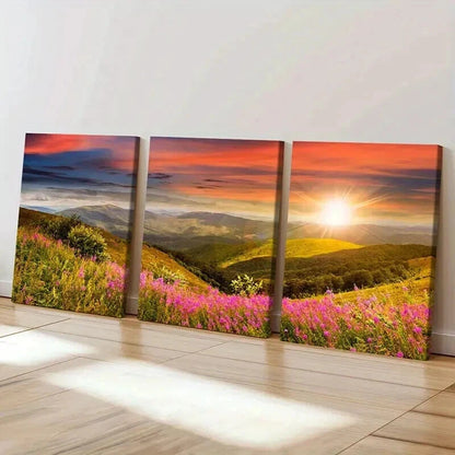 3pcs Mountain Wildflowers and Sunset  Wall Art Set Canvas Framed 40x60cm - High Quality Print 100% Australian Made Wall Canvas Ready to Hang