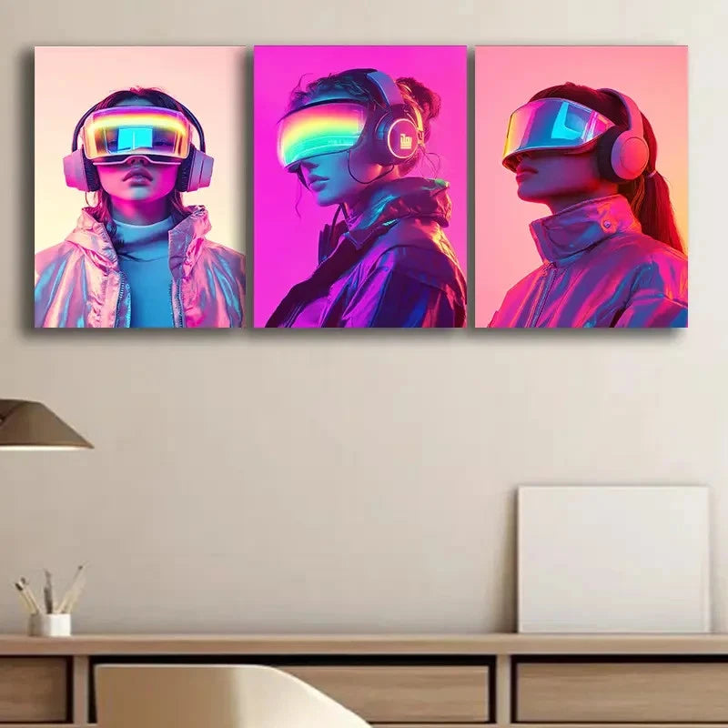 3pcs Cyberpunk Woman With VR Glasses Wall Art Set Canvas Framed 50x70cm - High Quality Print 100% Australian Made Wall Canvas Ready to Hang