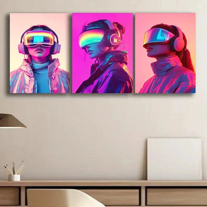3pcs Cyberpunk Woman With VR Glasses Wall Art Set Canvas Framed 50x70cm - High Quality Print 100% Australian Made Wall Canvas Ready to Hang