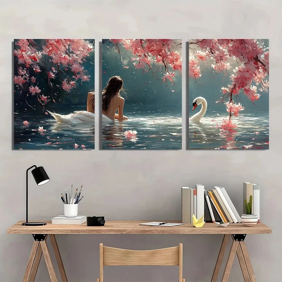 3pcs Pink Cherry Blossoms and Swans Metal Print Ready to Hang Art