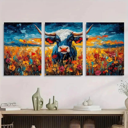 3pcs Vibrant Blue & White Cow In Wildflower Metal Print Ready to Hang Art
