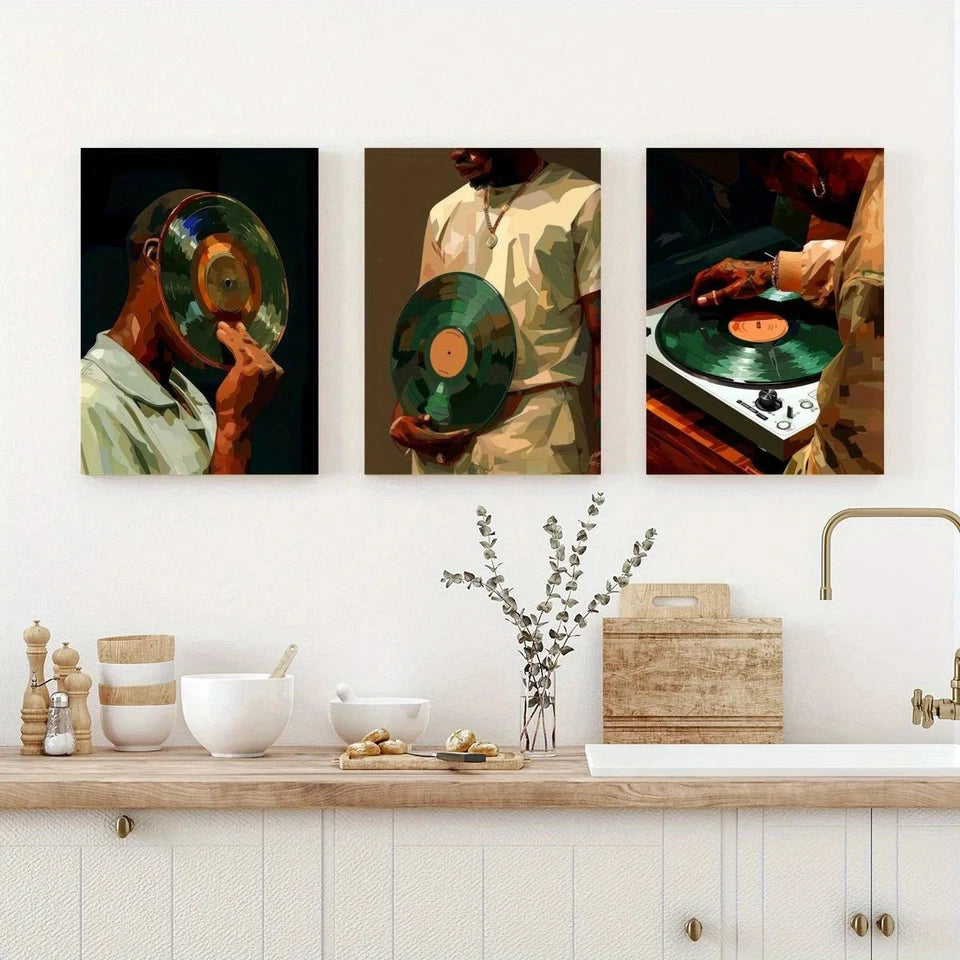 3pcs Black Man DJ Vinyl Record Metal Print Ready to Hang Art