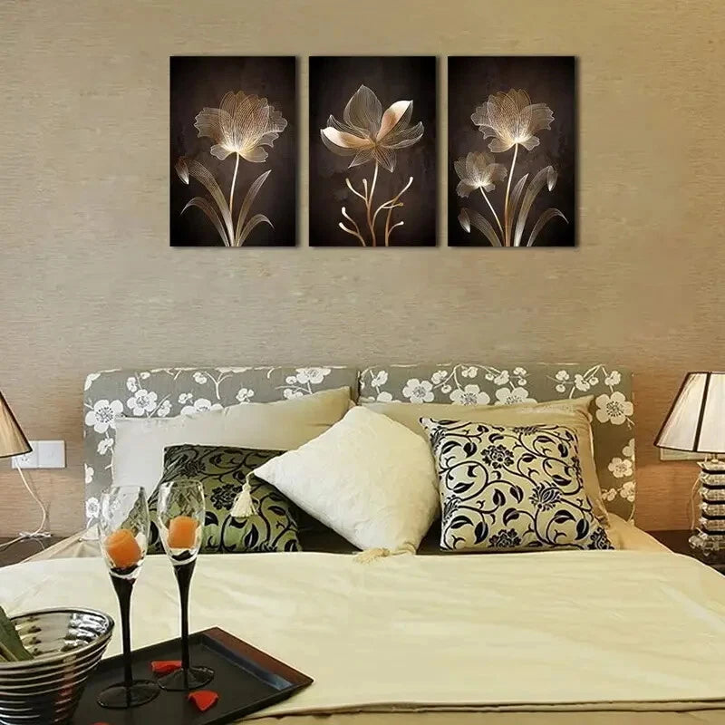 3pcs Golden Flowers Contemporary Minimalist Metal Print Ready to Hang Art