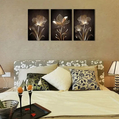 3pcs Golden Flowers Contemporary Minimalist Metal Print Ready to Hang Art