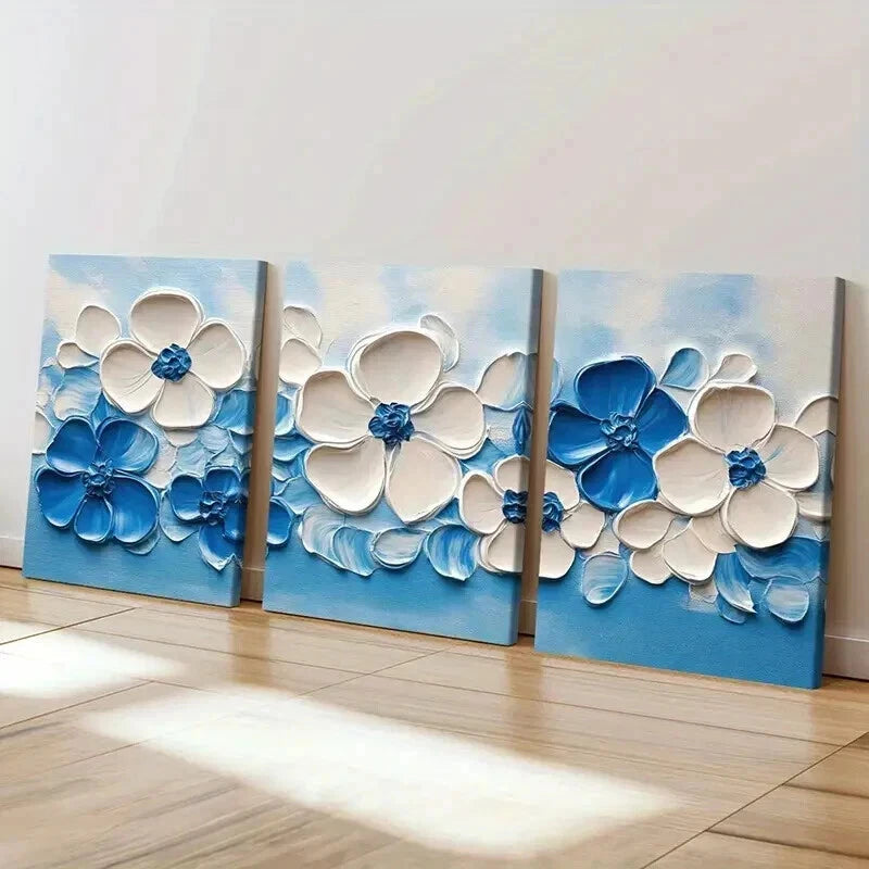 3pcs Abstract Elegant Blue & White Floral Wall Art Set Canvas Framed 40x60cm - High Quality Print 100% Australian Made Wall Canvas Ready to Hang