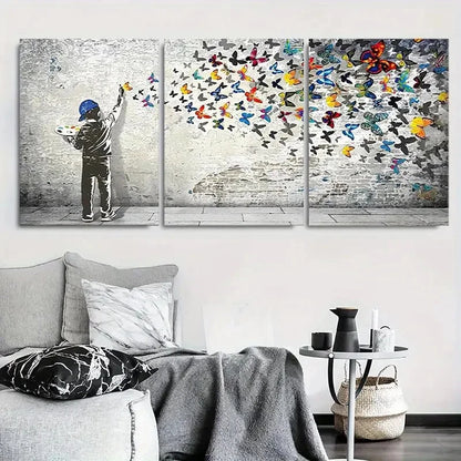 3pcs Child Painting Butterflies Wall Art Set Canvas Framed 40x60cm - High Quality Print 100% Australian Made Wall Canvas Ready to Hang