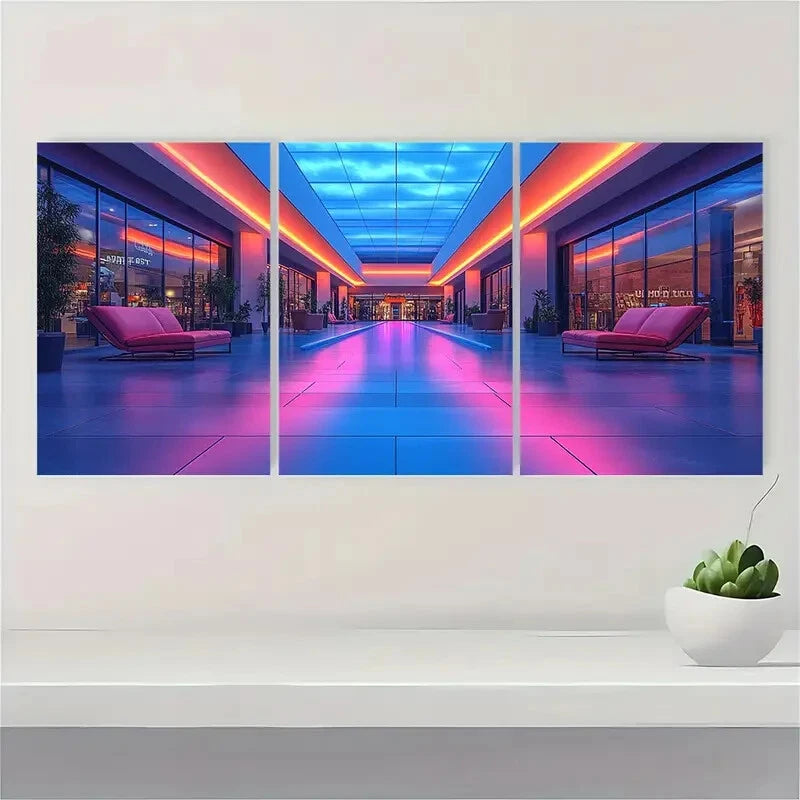 3pcs American Mall Inspired Blue Metal Print Ready to Hang Art