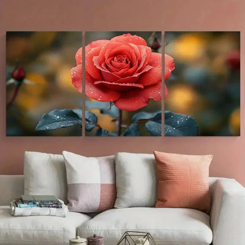 3pcs Elegant Red Rose Floral Décor Perfect Wall Art Set Canvas Framed 40x60cm - High Quality Print 100% Australian Made Wall Canvas Ready to Hang