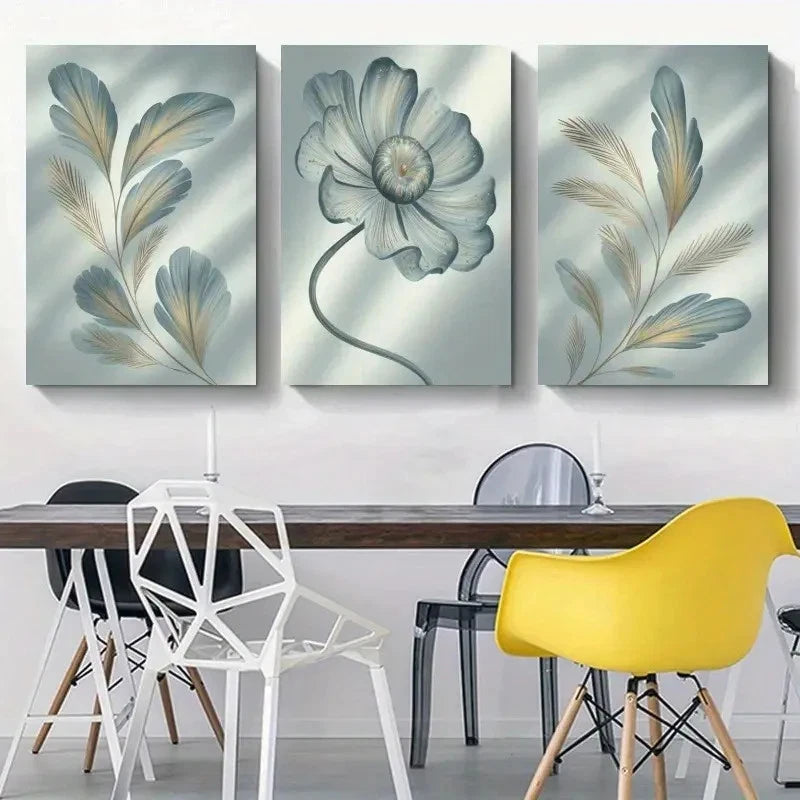 3pcs Artwork Feather Flower Painting Metal Print Ready to Hang Art
