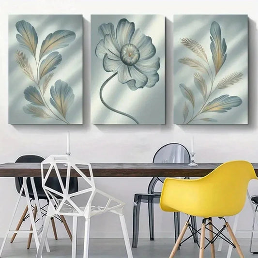 3pcs Artwork Feather Flower Painting Metal Print Ready to Hang Art