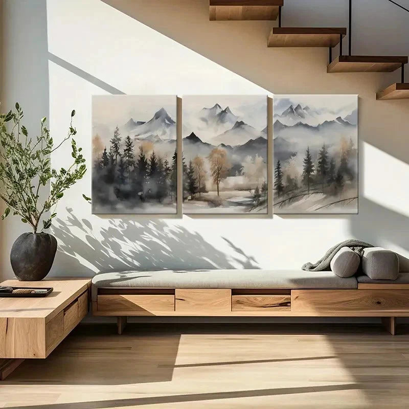 3pcs Painting Featuring Mountain Views Trees Metal Print Ready to Hang Art