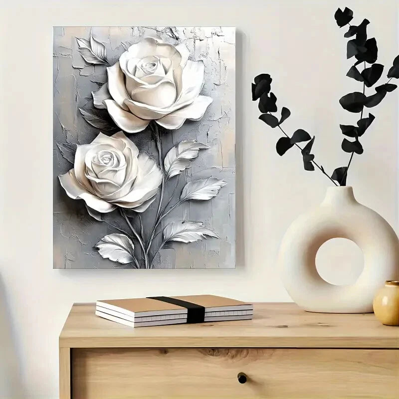 Elegant White Roses Gray Background 40x60cm Metal Print Ready to Hang