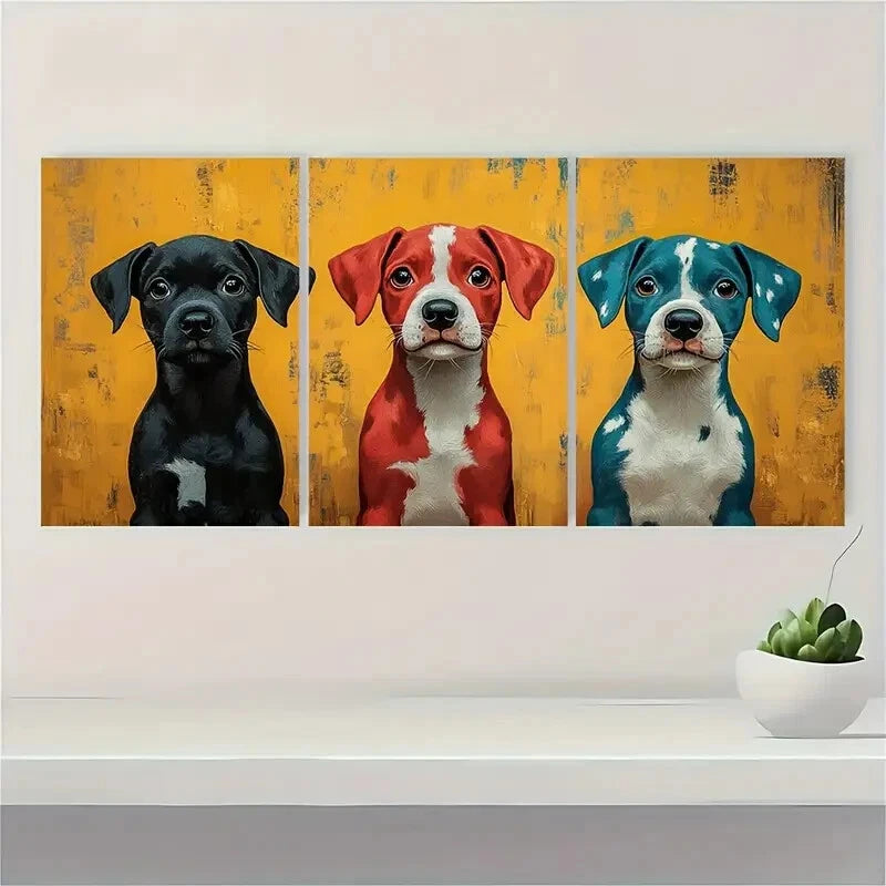 3pcs Red Black Yellow Blue Whimsical Puppies Metal Print Ready to Hang Art