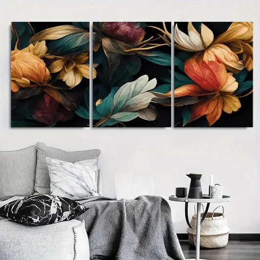 3pcs Autumn Colored Blooms and Leaves Metal Print Ready to Hang Art