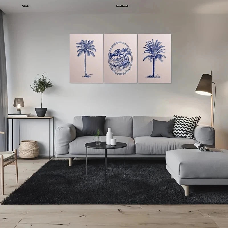 3pcs Blue Palm Tree Tropical Coastal Metal Print Ready to Hang Art