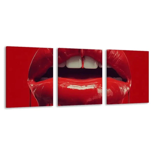 3pcs Vibrant Red Lips Glossy Liquid Drip   Wall Art Set Canvas Framed 60x90cm - High Quality Print 100% Australian Made Wall Canvas Ready to Hang