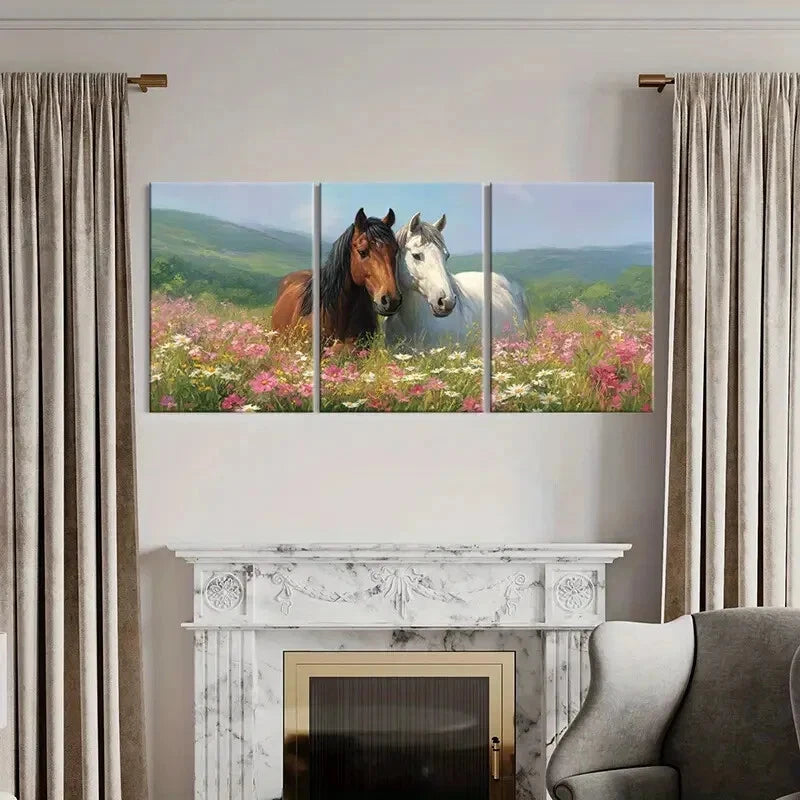 3pcs Vibrant Horses in Bloom Pastoral Scene Metal Print Ready to Hang Art