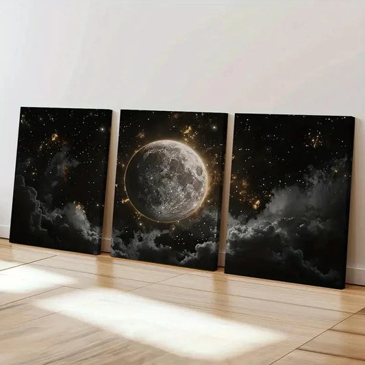 3pcs Moonlit Sky, Cosmic Clouds, Celestial Art   Wall Art Set Canvas Framed 60x90cm - High Quality Print 100% Australian Made Wall Canvas Ready to Hang