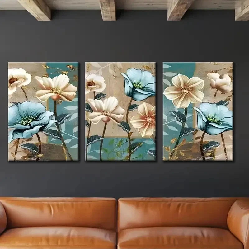 3pcs Brown and Blue Stamen Blue and White Floral Metal Print Ready to Hang Art
