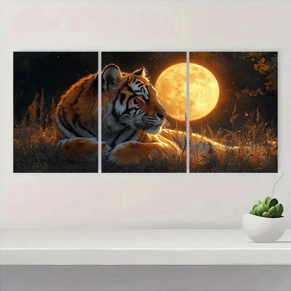 3pcs Majestic Tiger Under Full Moon Metal Print Ready to Hang Art