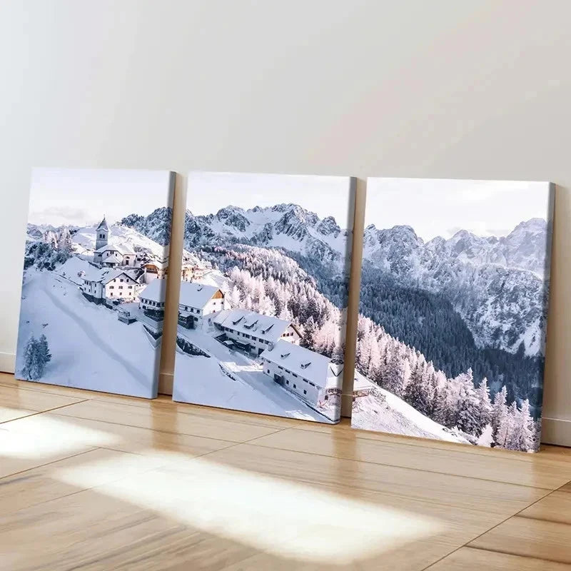3pcs Snowy Mountain Landscape with Cabin Wall Art Set Canvas Framed 40x60cm - High Quality Print 100% Australian Made Wall Canvas Ready to Hang
