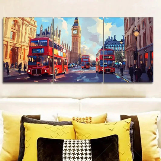 3pcs Red Double-Decker Bus Cityscape Perfect Wall Art Set Canvas Framed 40x60cm - High Quality Print 100% Australian Made Wall Canvas Ready to Hang