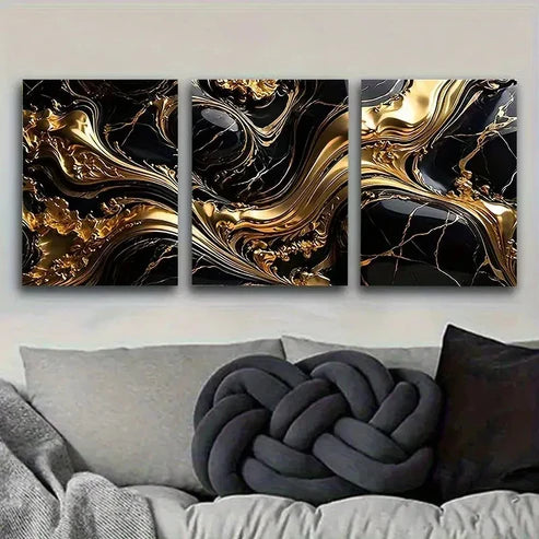 3pcs Golden and Black Marble Texture Wall Art Set Canvas Unframed - High Quality Print 100% Australian Made Wall Canvas