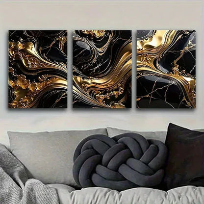 3pcs Golden and Black Marble Texture Wall Art Set Canvas Unframed - High Quality Print 100% Australian Made Wall Canvas