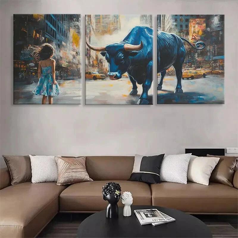 3pcs Fearless Girl and Bull Powerful Perfect Wall Art Set Canvas Framed 40x60cm - High Quality Print 100% Australian Made Wall Canvas Ready to Hang