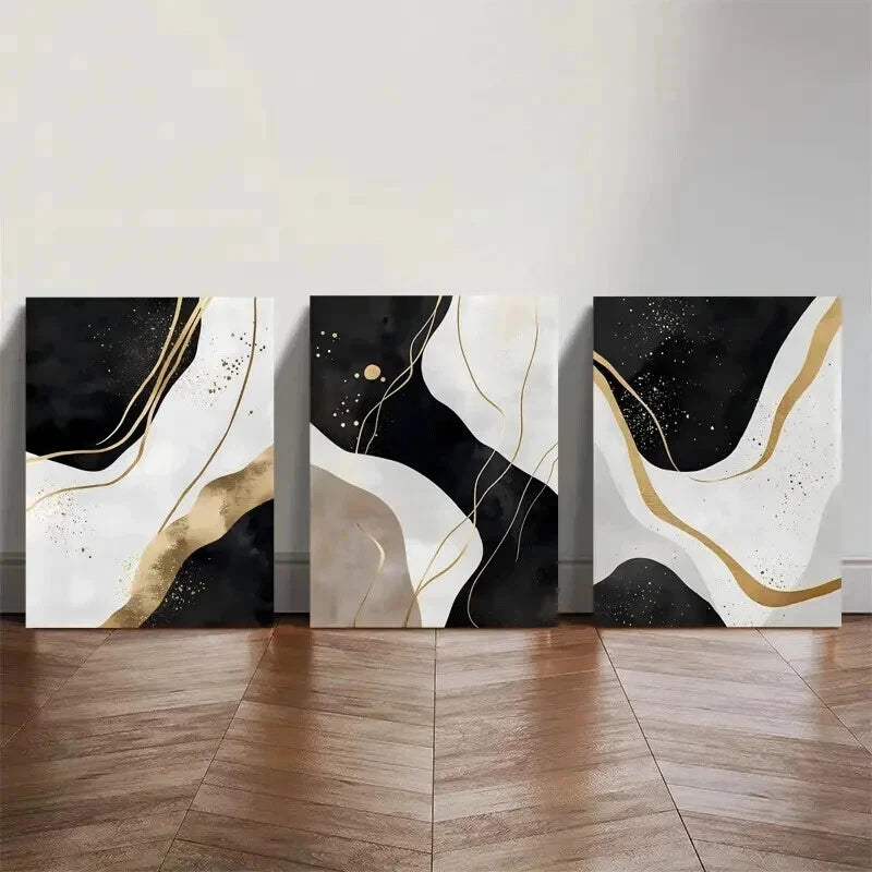 3pcs Black White Golden Abstract Prints Wall Art Set Canvas Framed 40x60cm - High Quality Print 100% Australian Made Wall Canvas Ready to Hang