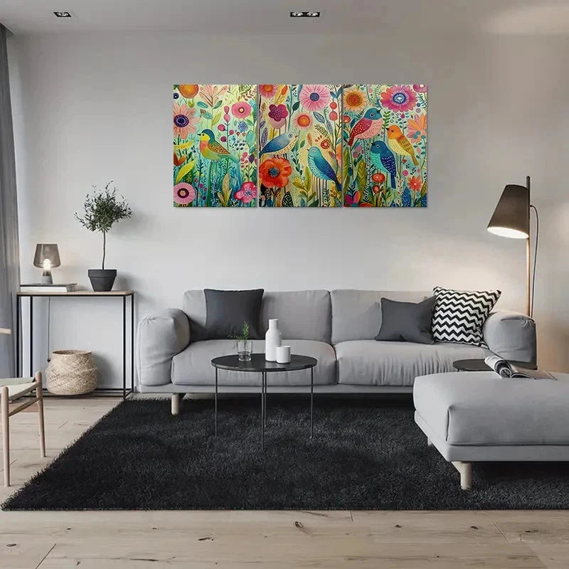 3pcs Colorful Bird and Flower Metal Print Ready to Hang Art