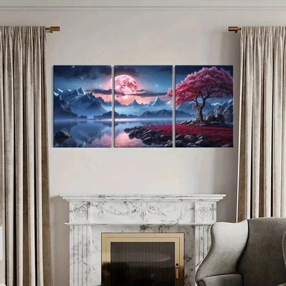3pcs Red Moon Tree Mountains & Lake Wall Art Set Canvas Framed 40x60cm - High Quality Print 100% Australian Made Wall Canvas Ready to Hang