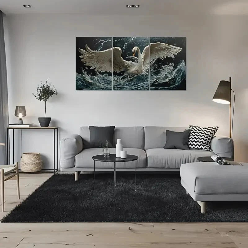 3pcs Nature Scene with Lightning & Waves Swan Metal Print Ready to Hang Art